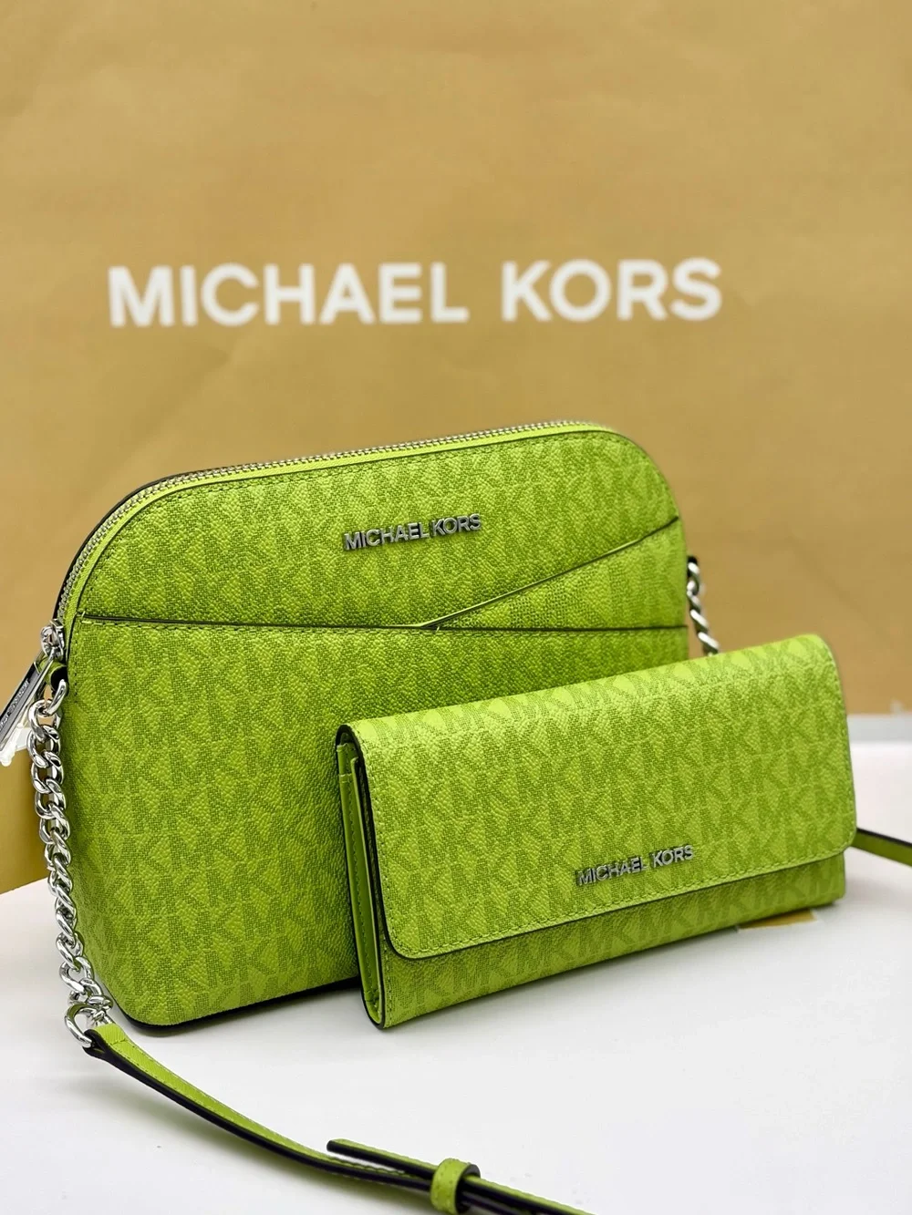 Michael Kors Jet Set Travel Medium Logo Dome Crossbody Bag and Wallet Set Lime